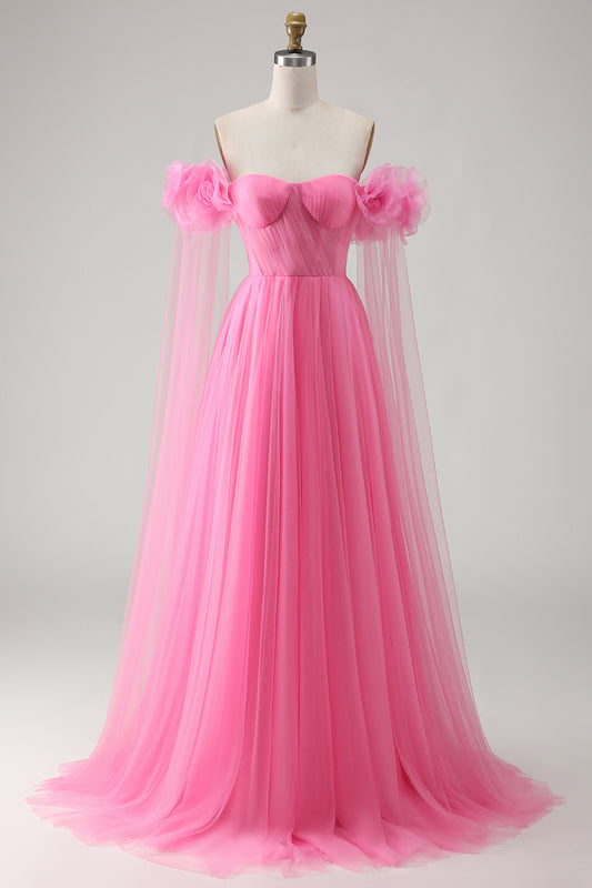 Hot Pink Off the Shoulder Long Tulle Prom Dress with 3D Flowers