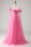 Hot Pink Off the Shoulder Long Tulle Prom Dress with 3D Flowers