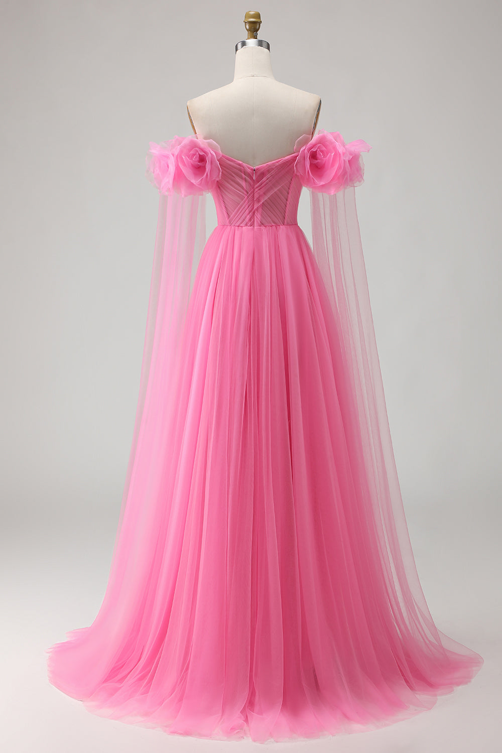 Hot Pink Off the Shoulder Long Tulle Prom Dress with 3D Flowers