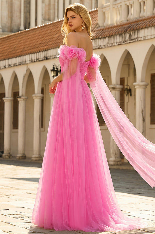 Hot Pink Tulle Off the Shoulder Long Prom Dress with 3D Flowers