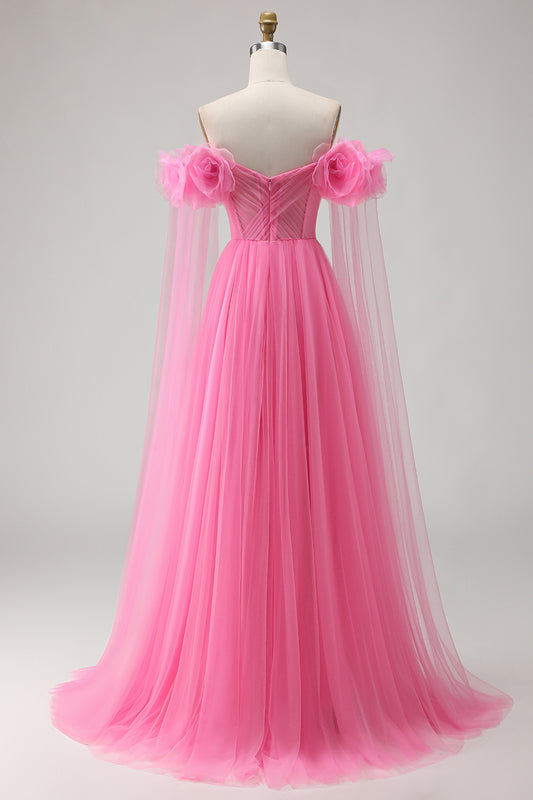 Hot Pink Off the Shoulder Long Tulle Prom Dress with 3D Flowers