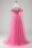 Hot Pink Off the Shoulder Long Tulle Prom Dress with 3D Flowers