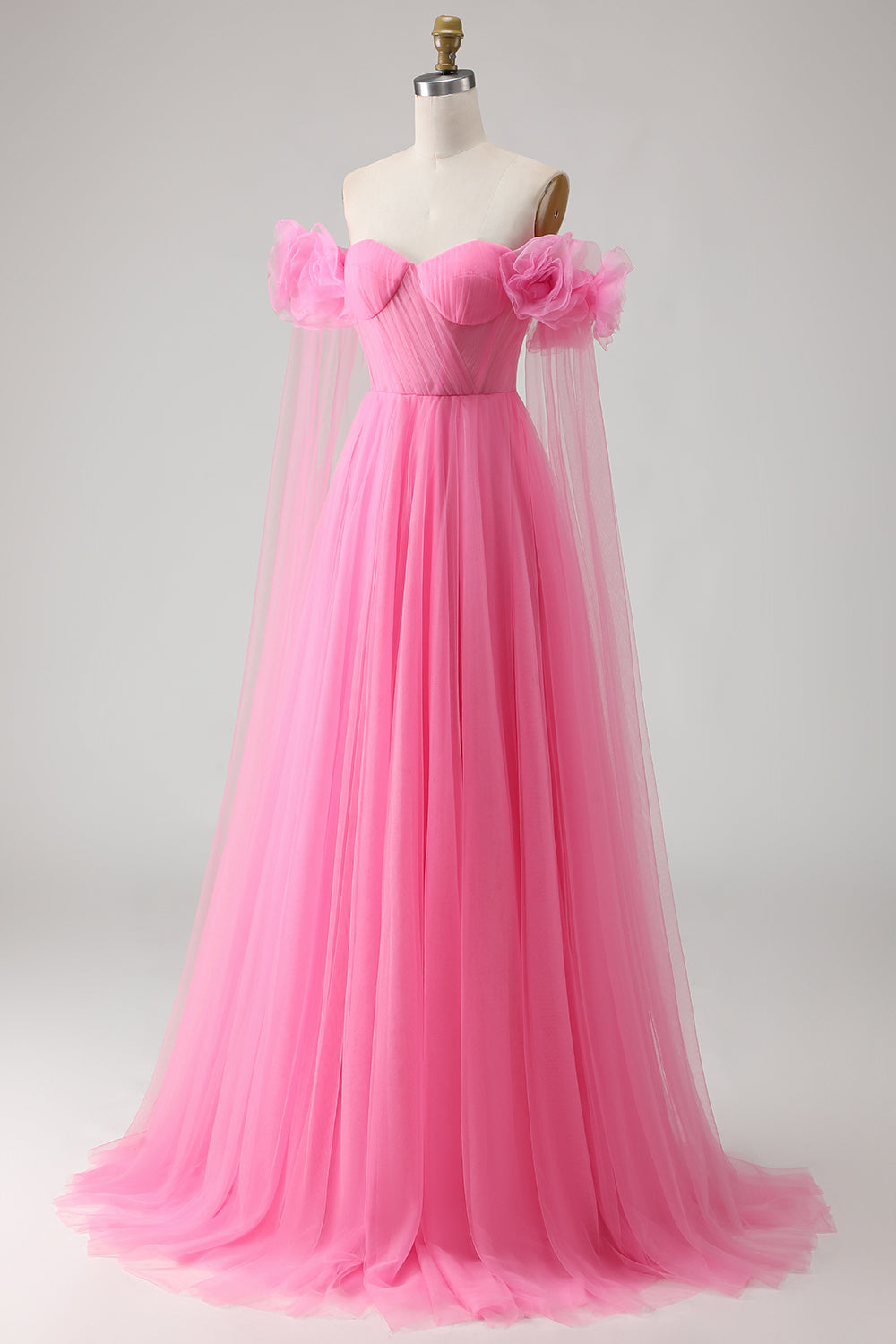Hot Pink Off the Shoulder Long Tulle Prom Dress with 3D Flowers