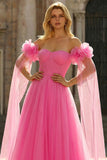 Hot Pink Tulle Off the Shoulder Long Prom Dress with 3D Flowers
