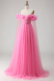 Hot Pink Off the Shoulder Long Tulle Prom Dress with 3D Flowers