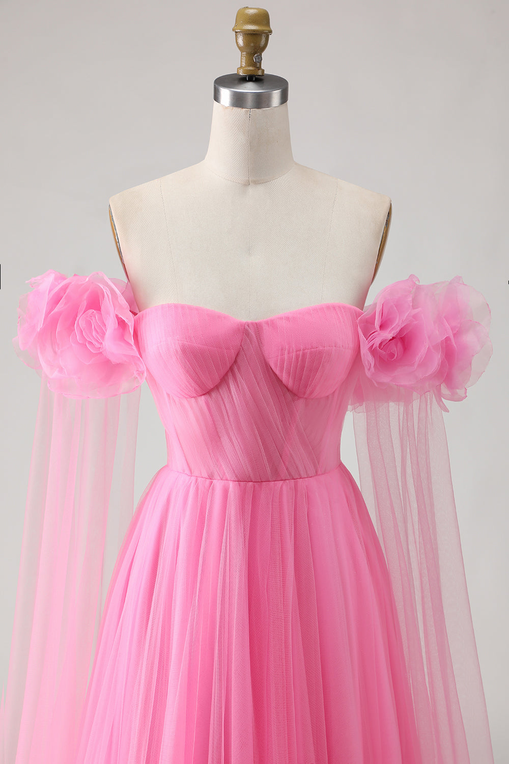 Hot Pink Off the Shoulder Long Tulle Prom Dress with 3D Flowers