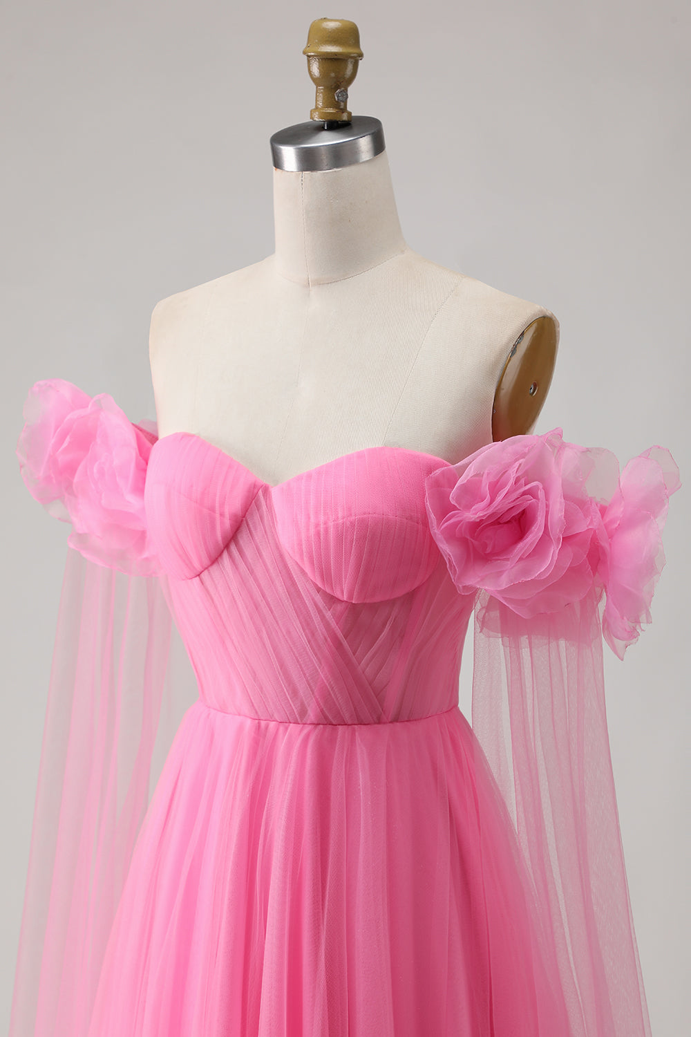 Hot Pink Off the Shoulder Long Tulle Prom Dress with 3D Flowers