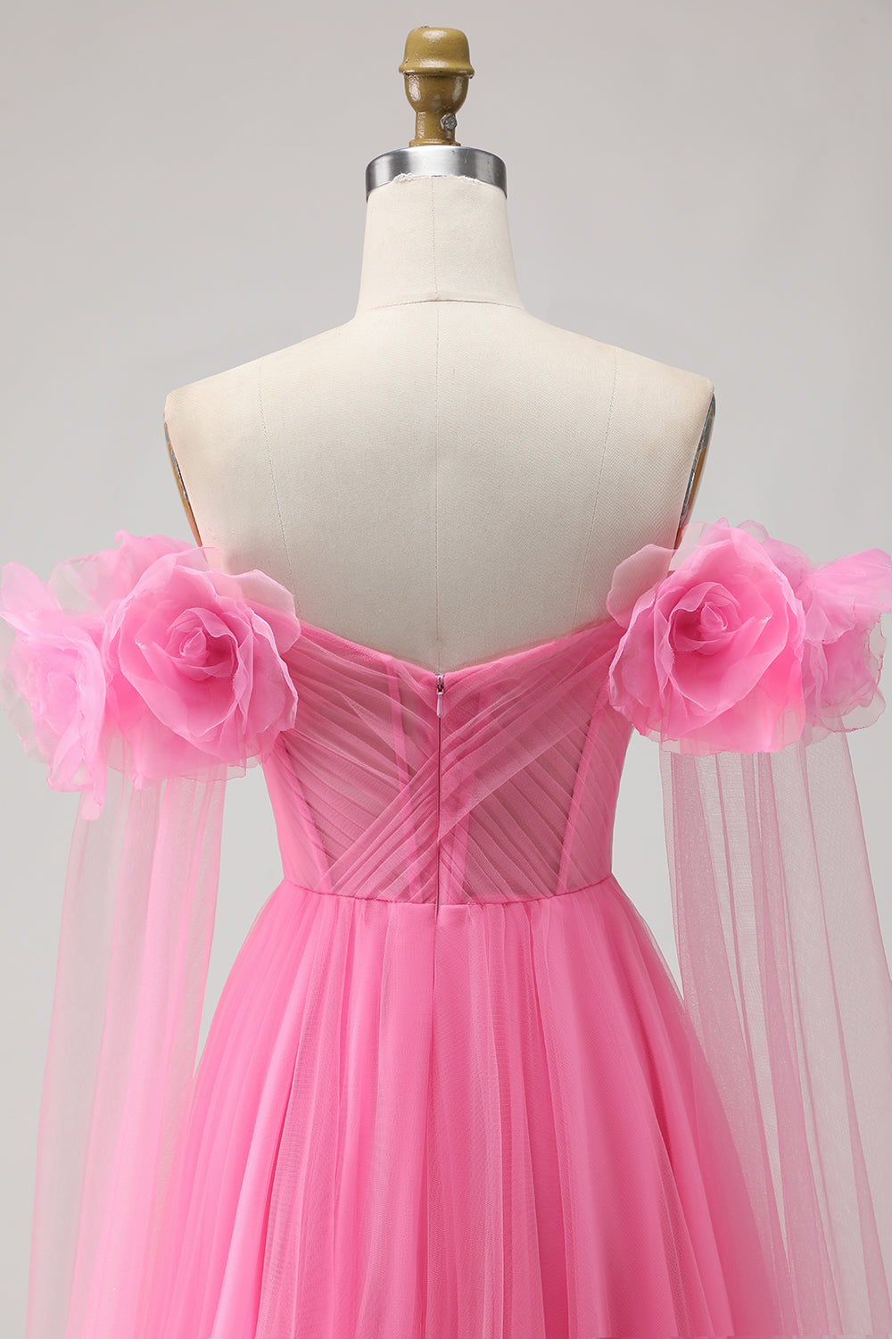 Hot Pink Off the Shoulder Long Tulle Prom Dress with 3D Flowers
