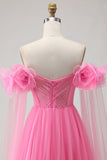 Hot Pink Off the Shoulder Long Tulle Prom Dress with 3D Flowers
