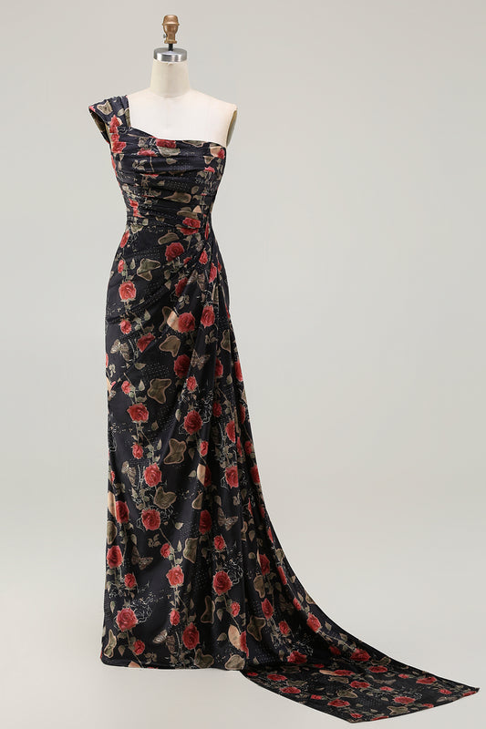 Floral Black and Red Mermaid Long Prom Dress with Slit