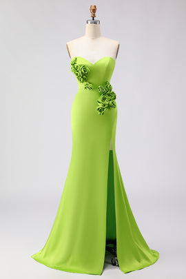 Green Satin Mermaid Sweetheart Long Prom Dress with 3D Flowers