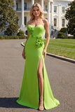 Green Satin Mermaid Sweetheart Long Prom Dress with 3D Flowers