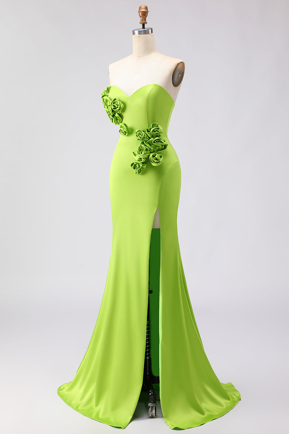 Green Satin Mermaid Sweetheart Long Prom Dress with 3D Flowers
