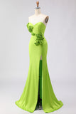 Green Satin Mermaid Sweetheart Long Prom Dress with 3D Flowers