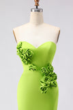 Green Satin Mermaid Sweetheart Long Prom Dress with 3D Flowers