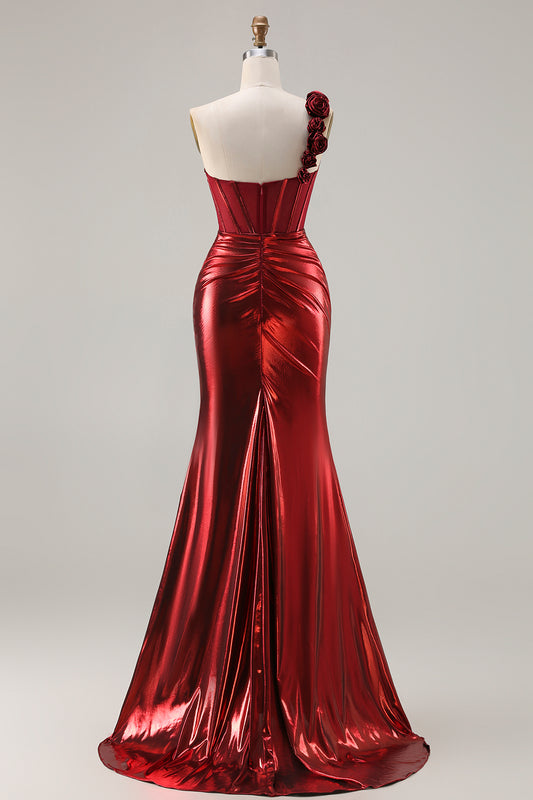 Sparkly Red Metallic Ruched Long Corset Prom Dress with 3D Flowers