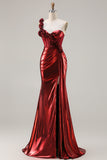 Sparkly Red Metallic Ruched Long Corset Prom Dress with 3D Flowers