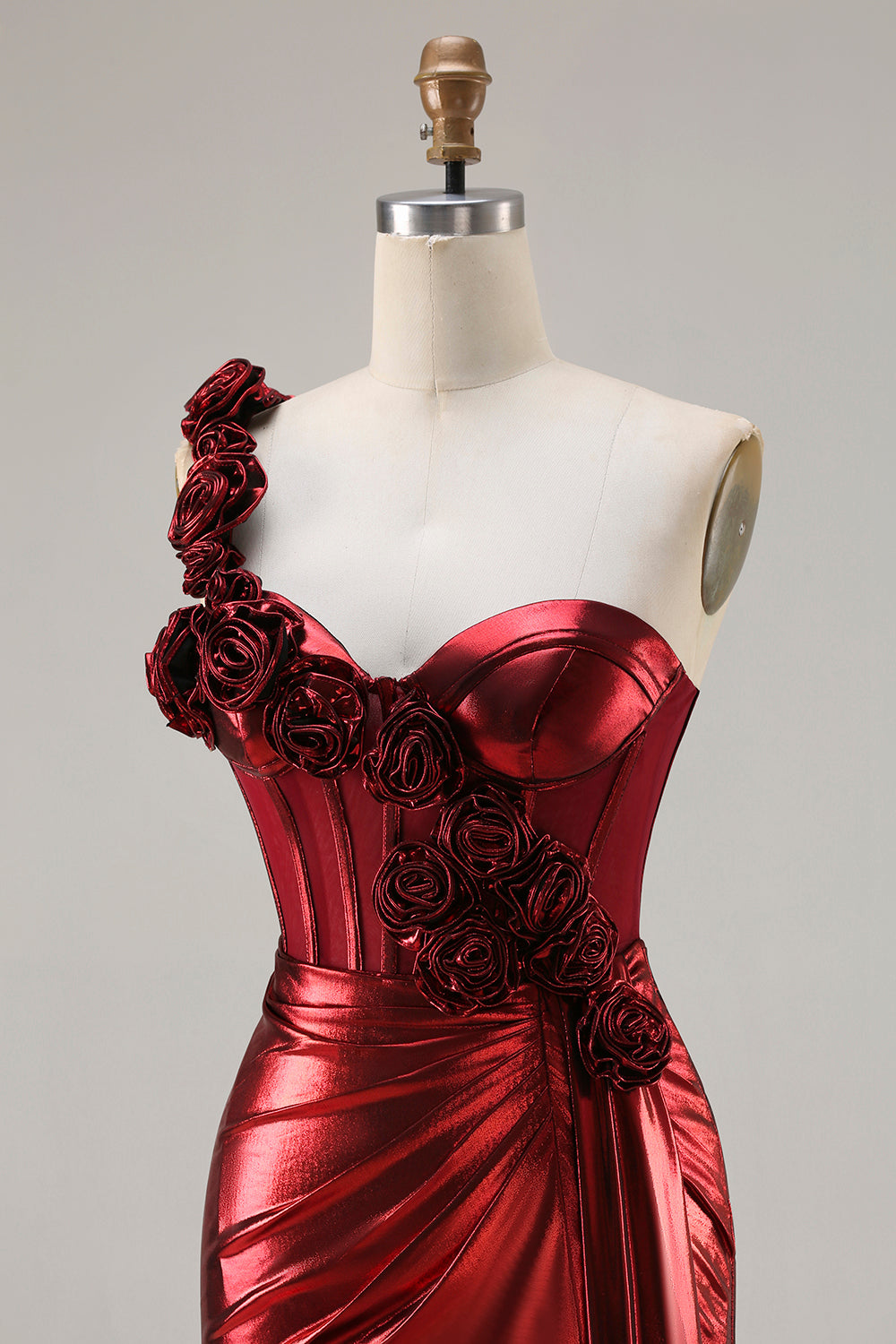 Sparkly Red Metallic Ruched Long Corset Prom Dress with 3D Flowers
