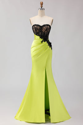 Black and Green Mermaid Ruched Long Corset Prom Dress with Slit