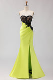 Black and Green Mermaid Ruched Long Corset Prom Dress with Slit