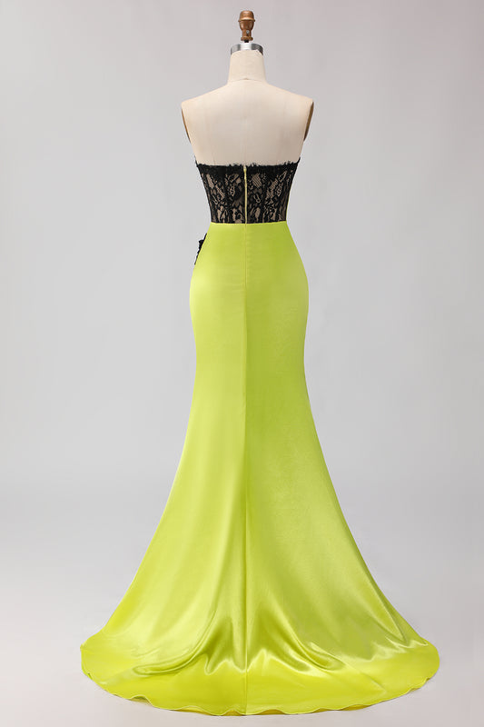 Black and Green Mermaid Ruched Long Corset Prom Dress with Slit