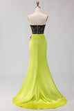 Black and Green Mermaid Ruched Long Corset Prom Dress with Slit