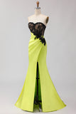 Black and Green Mermaid Ruched Long Corset Prom Dress with Slit