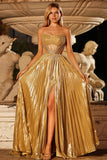 Sparkly Golden Metallic Beaded A Line Long Corset Prom Dress with Slit