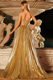 Sparkly Golden Metallic Beaded A Line Long Corset Prom Dress with Slit