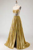 Sparkly Golden Metallic Beaded A Line Long Corset Prom Dress with Slit