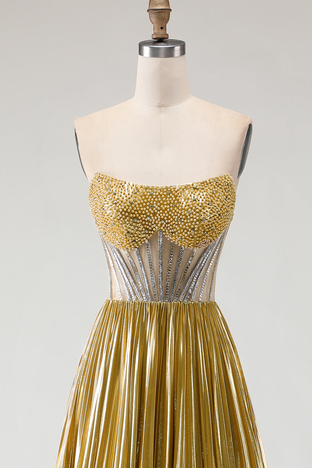 Sparkly Golden Metallic Beaded A Line Long Corset Prom Dress with Slit
