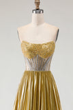 Sparkly Golden Metallic Beaded A Line Long Corset Prom Dress with Slit