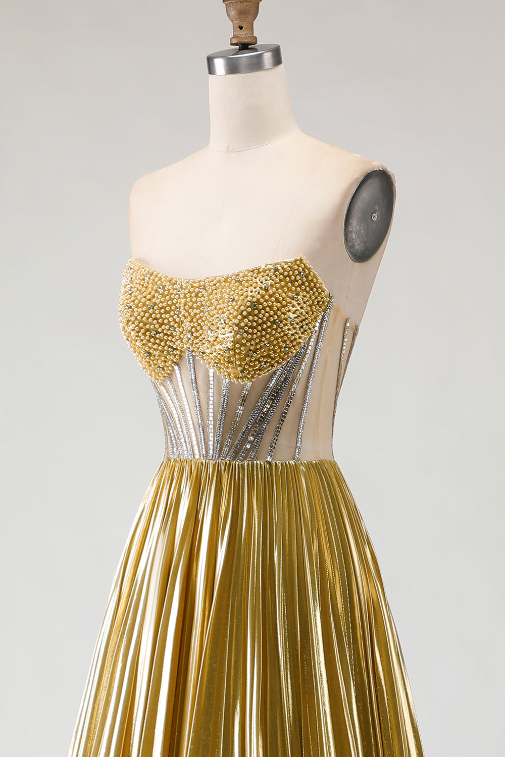 Sparkly Golden Metallic Beaded A Line Long Corset Prom Dress with Slit