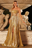 Sparkly Golden A Line Metallic Beaded Long Corset Prom Dress with Slit