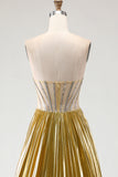 Sparkly Golden Metallic Beaded A Line Long Corset Prom Dress with Slit