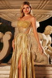 Sparkly Golden A Line Metallic Beaded Long Corset Prom Dress with Slit