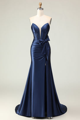 Navy Strapless Mermaid Corset Long Prom Dress with Slit