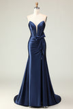 Navy Strapless Mermaid Corset Long Prom Dress with Slit