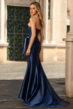 Navy Strapless Mermaid Corset Long Prom Dress with Slit