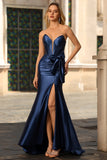 Navy Mermaid Satin Strapless Long Corset Prom Dress with Slit