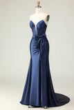 Navy Strapless Mermaid Corset Long Prom Dress with Slit