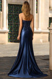 Navy Mermaid Satin Strapless Long Corset Prom Dress with Slit