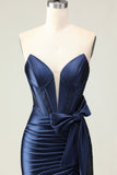 Navy Strapless Mermaid Corset Long Prom Dress with Slit