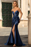 Navy Mermaid Satin Strapless Long Corset Prom Dress with Slit