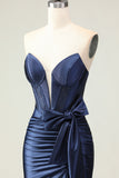 Navy Strapless Mermaid Corset Long Prom Dress with Slit