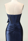 Navy Strapless Mermaid Corset Long Prom Dress with Slit