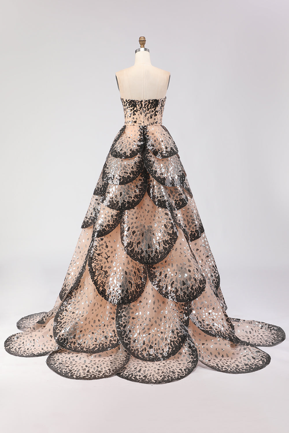 Sparkly Black and Apricot A-Line Strapless Long Prom Dress with Sequin