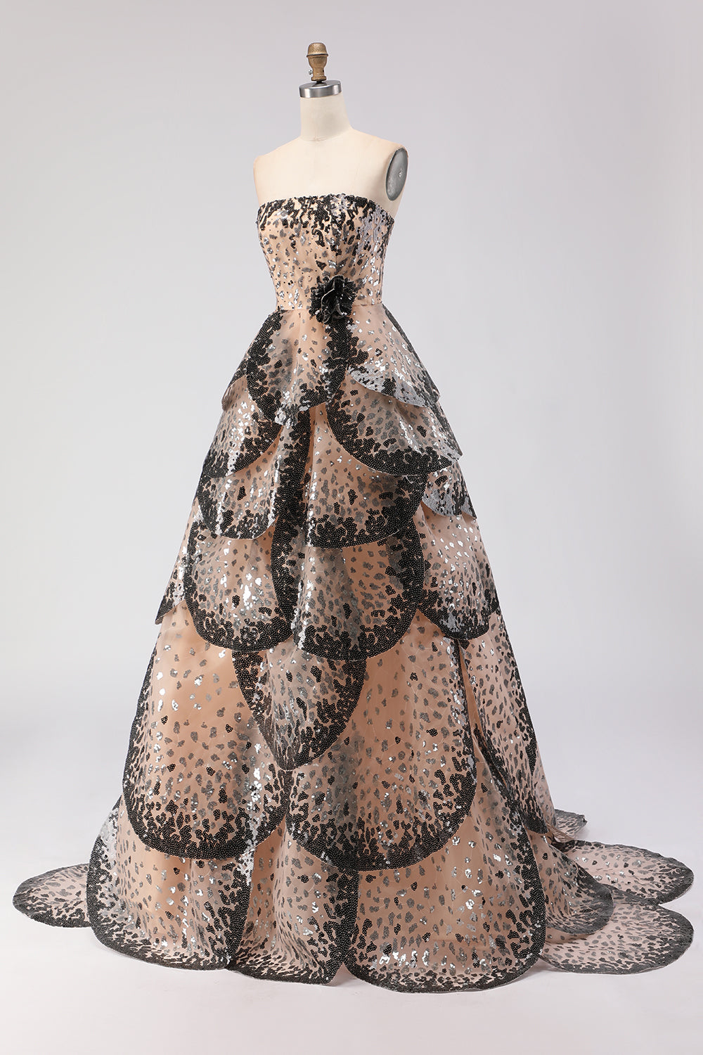 Sparkly Black and Apricot A-Line Strapless Long Prom Dress with Sequin