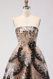 Sparkly Black and Apricot A-Line Strapless Long Prom Dress with Sequin