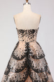 Sparkly Black and Apricot A-Line Strapless Long Prom Dress with Sequin